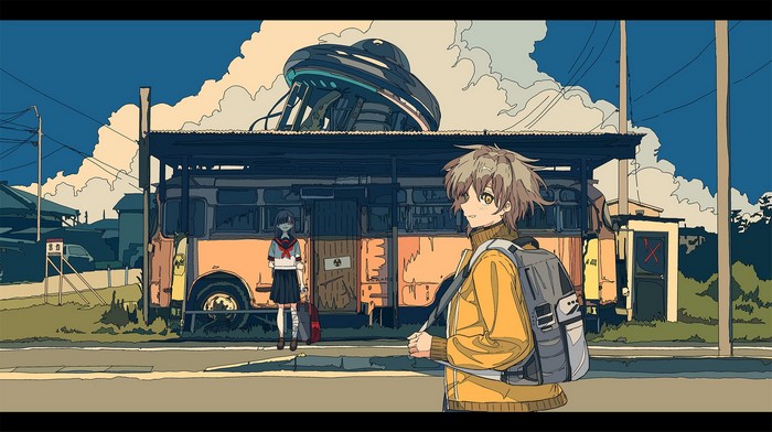 Anime artwork of students at a bus stop with a UFO