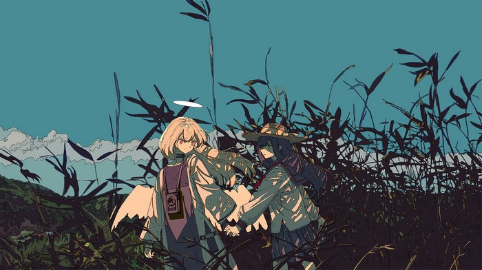 Anime girls in a field with tall grass