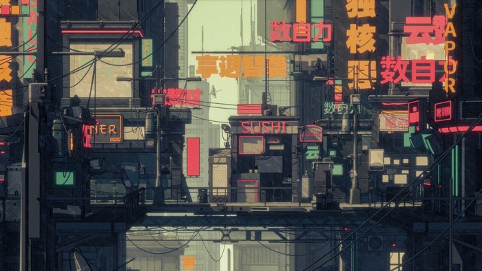 Cyberpunk Cityscape with Neon Lights and Futuristic Buildings