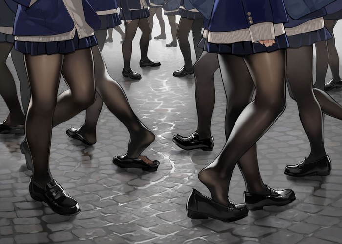 Anime girls in school uniforms walking
