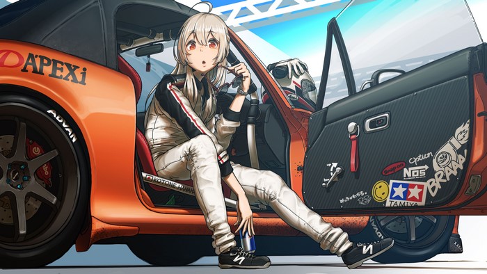 Anime girl in racing suit with modified orange S2000