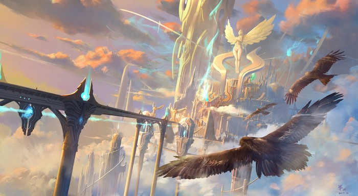 Fantasy city with flying birds and angelic statue