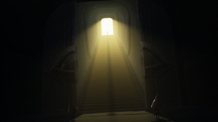A lone figure ascends a sunlit staircase in Little Nightmares