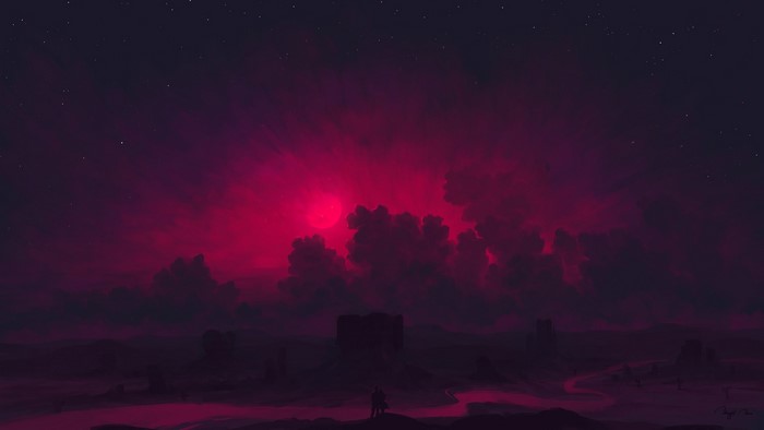 Digital painting of a couple in a desolate landscape under a pink sky