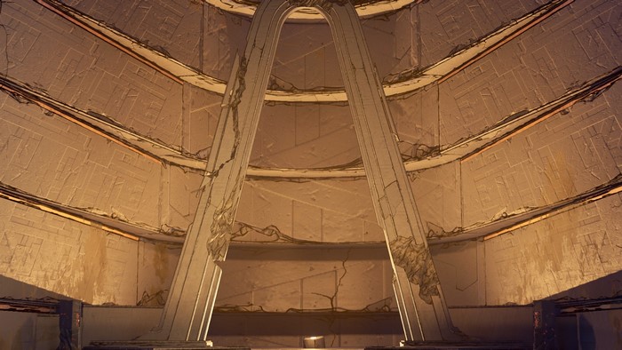 Interior of a cracked, ancient structure in Borderlands 3