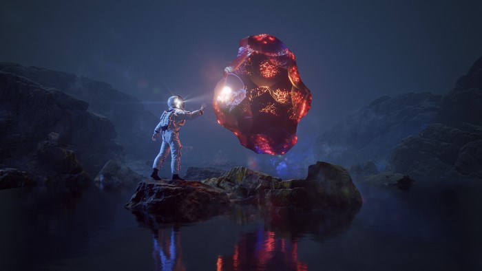 Astronaut examines glowing alien object in misty landscape