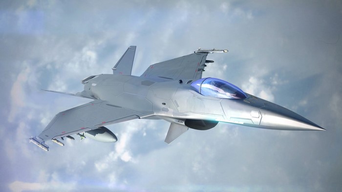 CGI jet fighter flying through clouds