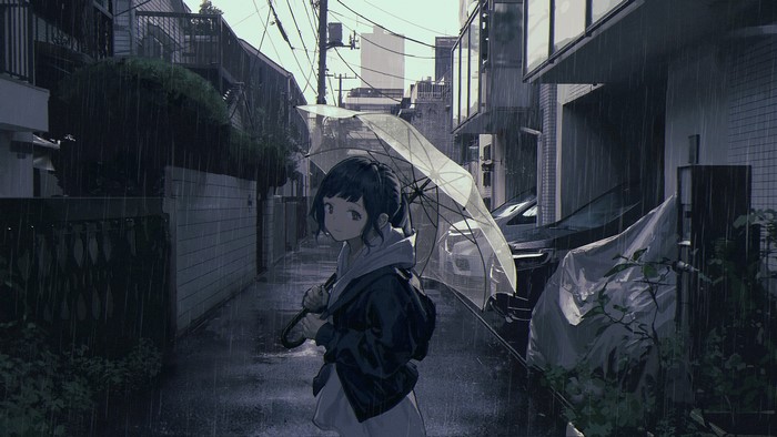 Anime girl with umbrella in the rain