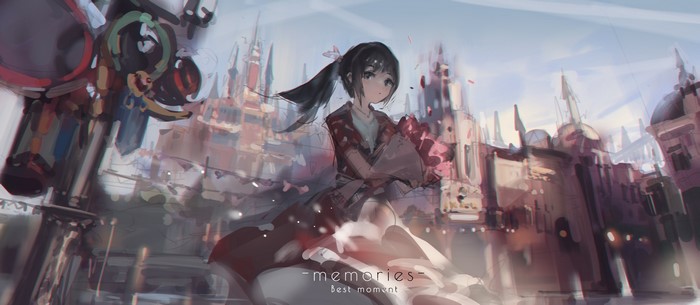 Anime girl with red flowers and buildings