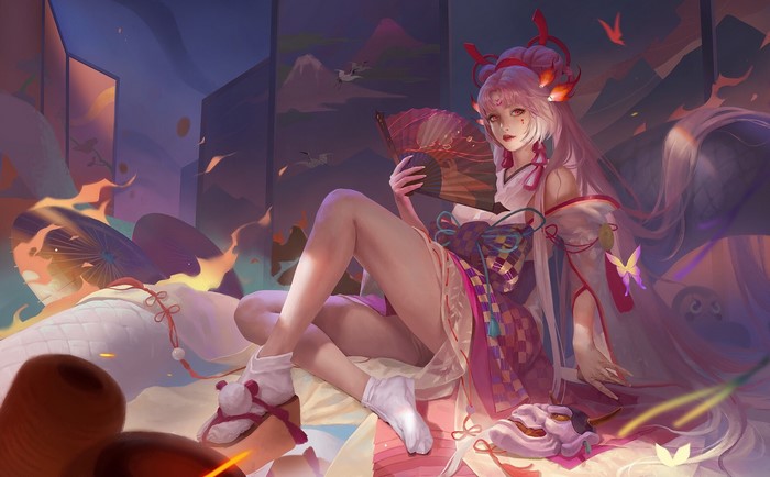 Woman in Kimono with Pink Hair and Fan