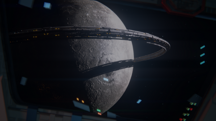 Futuristic space station orbiting a cratered moon