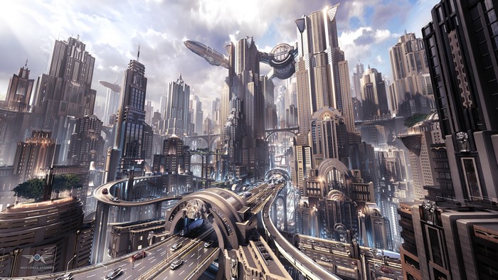 Futuristic Cityscape with Skyscrapers and Flying Vehicles