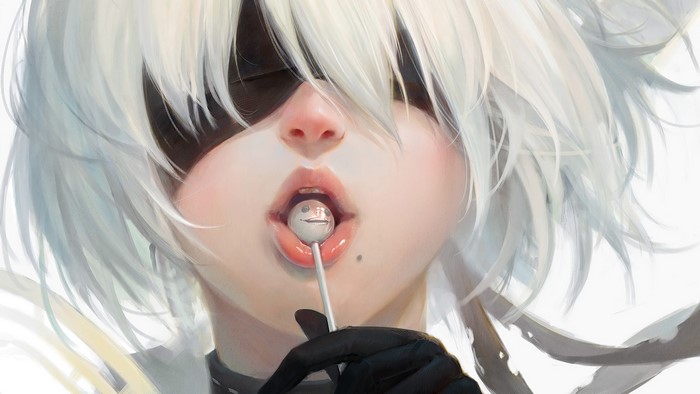2B from Nier: Automata with a lollipop