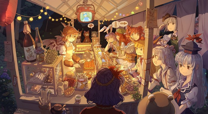 Touhou characters at a night market stall