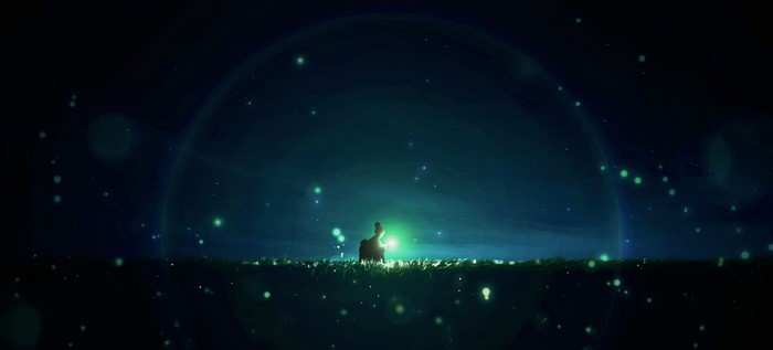 Rabbit holding a lantern in a field of fireflies at night
