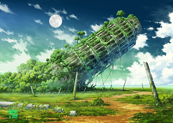 Ruined Leaning Tower of Pisa overgrown with plants under the Moon