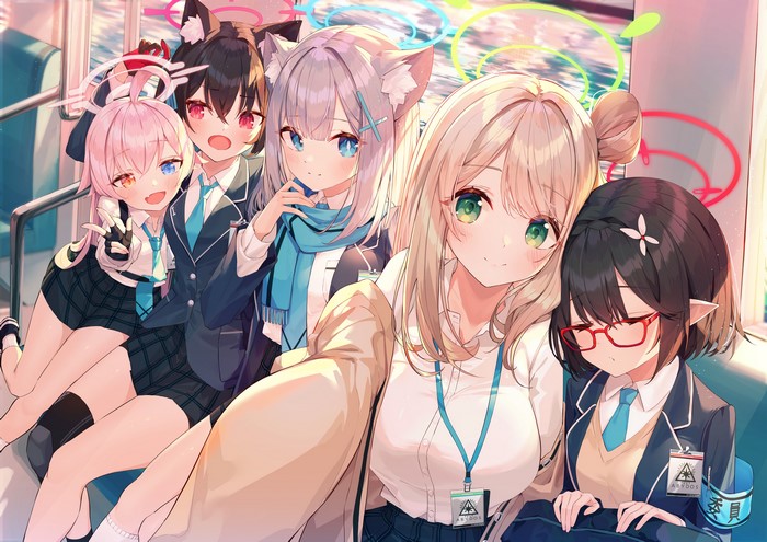 Group of anime girls from Blue Archive on a train