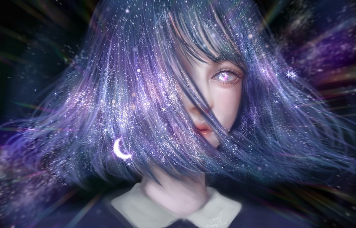 Girl with galaxy hair and moon earring