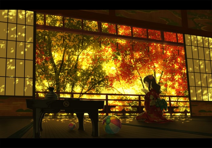 Anime girl in kimono by a window with autumn leaves