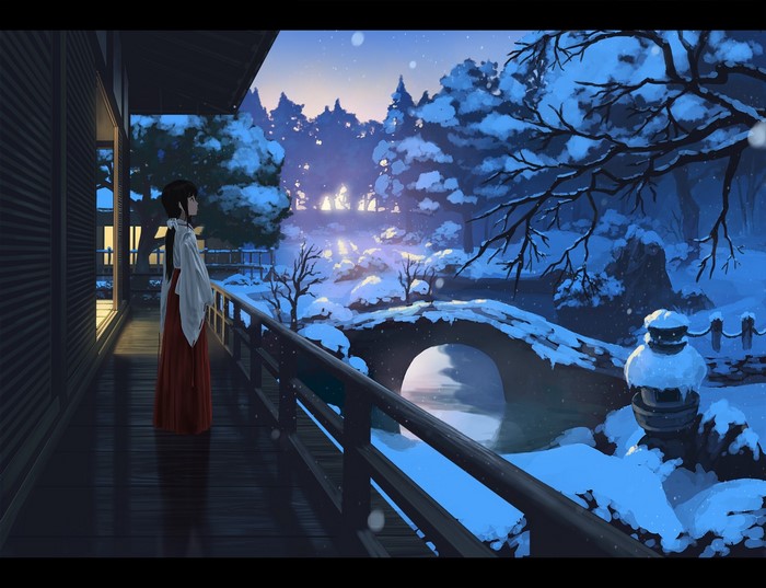 Miko in Snowy Japanese Garden