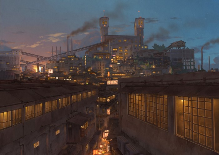Industrial city at dusk with smoking chimneys