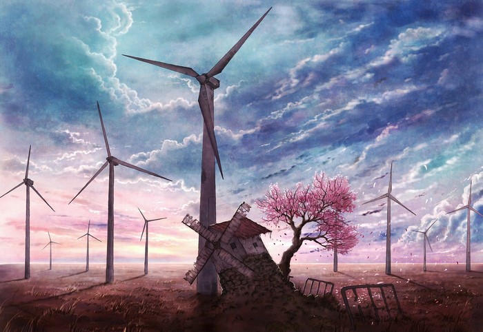 Artwork of wind turbines and a cherry blossom tree