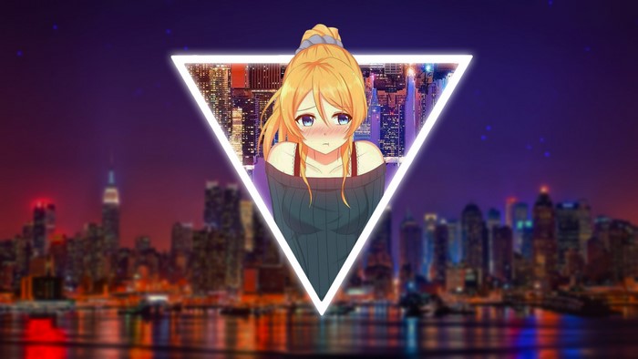 Anime girl in a triangle frame over a city skyline