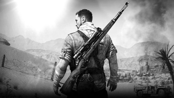 Sniper Elite 3 Karl Fairburne with sniper rifle in desert