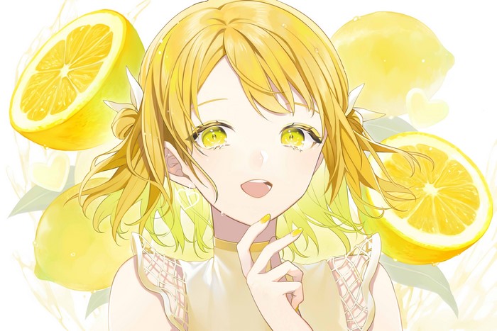 Anime girl with yellow eyes and blonde hair surrounded by lemons