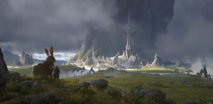 Giant rabbit and traveler near a fantasy city