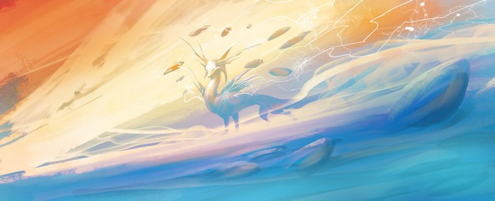 Creature with antlers in a colorful, abstract landscape