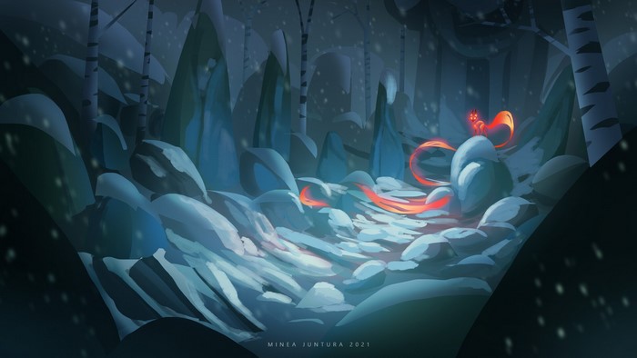 A glowing fox walks through a snowy forest at night