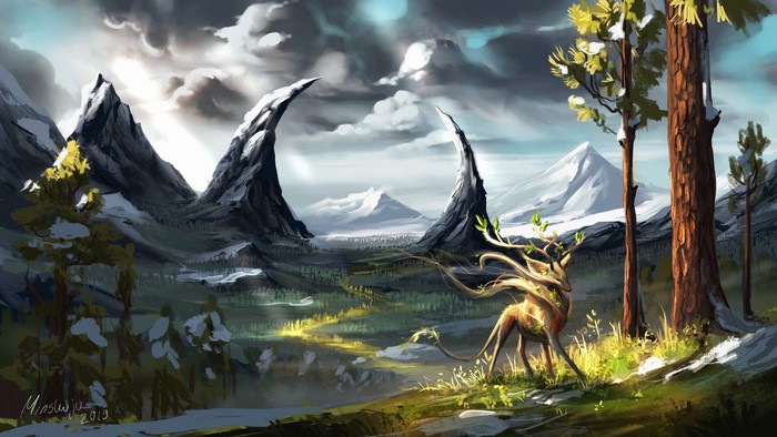 Digital art of a deer with branches on its head in a mountain landscape