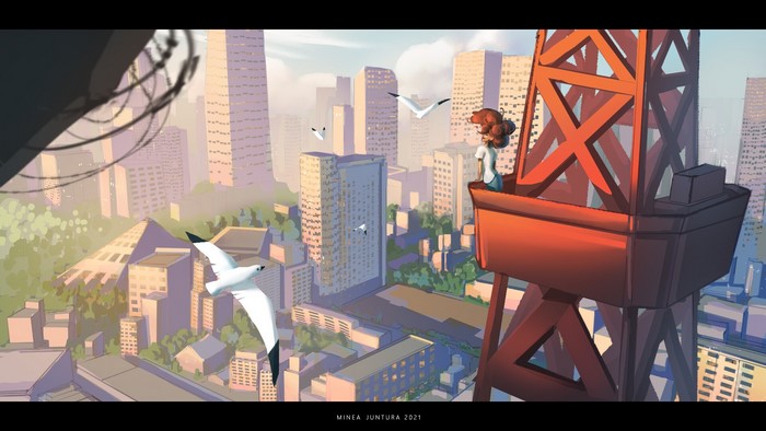 Girl on crane overlooking city with seagulls