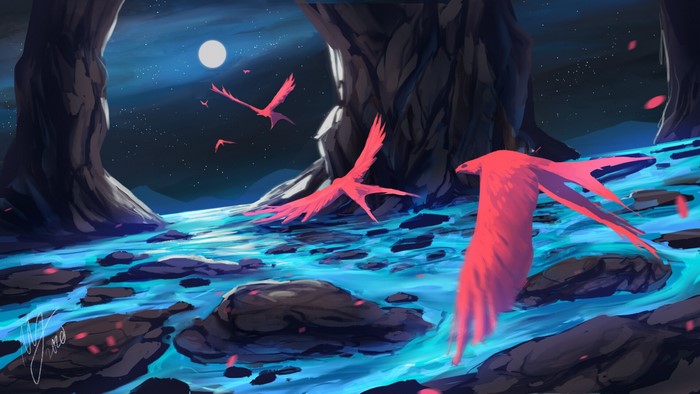 Red birds flying at night near a cave under the moon