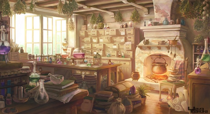 Alchemist's room with potions and fireplace