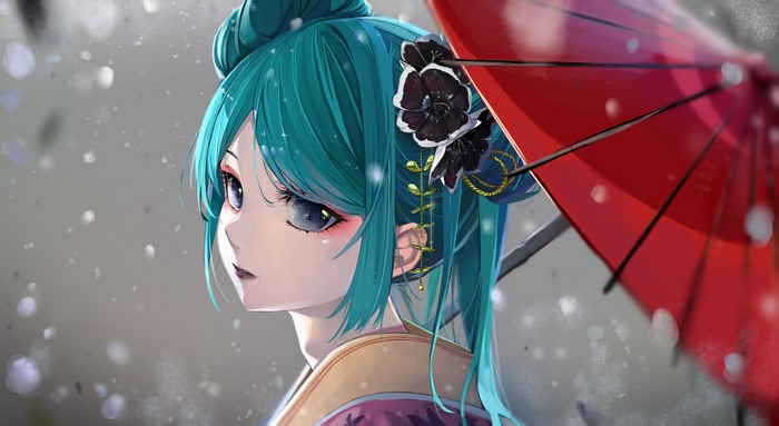 Anime girl with cyan hair and red umbrella