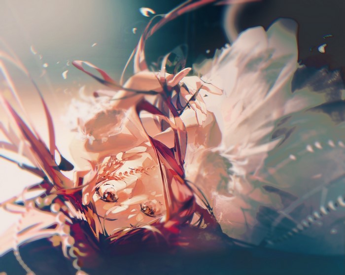 Anime girl with red ribbons and pearl bracelet