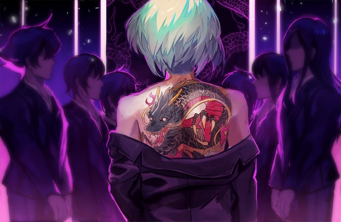 Man with dragon tattoo surrounded by people in suits
