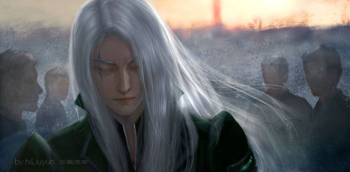 Man with long white hair and blue markings on face