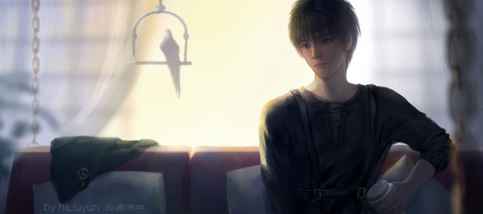 Young man sitting by a window with a birdcage