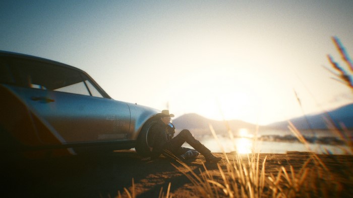 Man in cowboy hat leaning on car in Cyberpunk 2077
