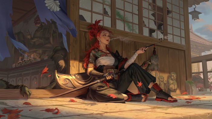 Redhead woman with sword and pipe in Japanese setting
