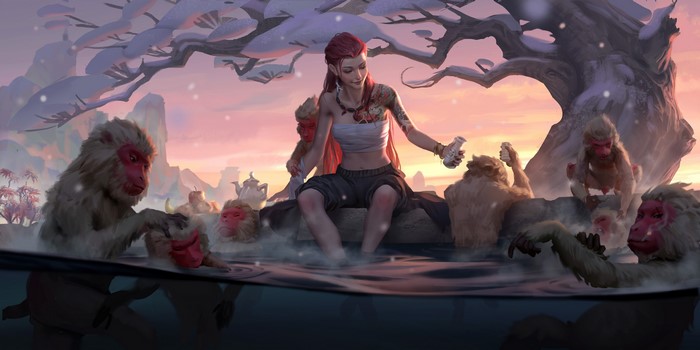Redhead woman and monkeys in a hot spring