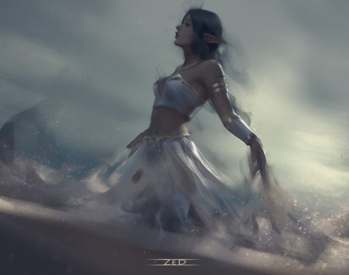 Fantasy Elf Woman in White Dress in Sandstorm