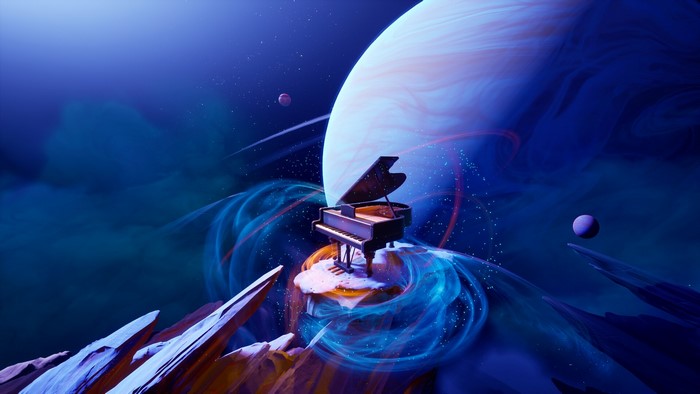 Grand piano on a floating island in space with planets