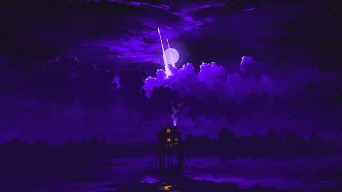 Rockets Launching Past Moon and Clouds