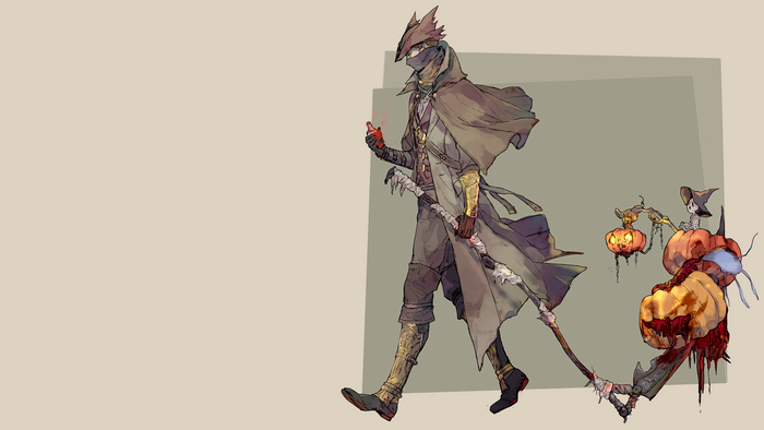 Hunter from Bloodborne with a scythe and pumpkins