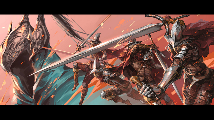 Artorias the Abysswalker and knights fighting with swords