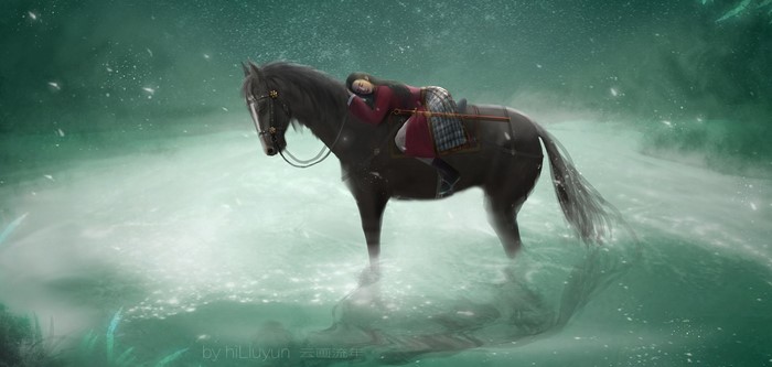 Girl sleeping on a horse in a starry river